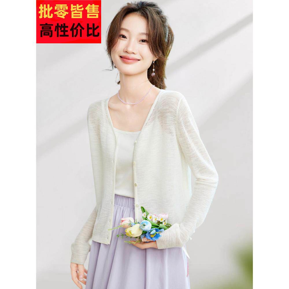 2025年新夏季长袖宽松防晒针织开衫与微透视优雅和显瘦外观空调衬