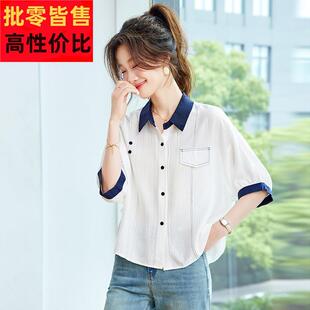 短款上衣2025夏季新款爆款翻领宽松短袖衬衫女薄款轻奢高级感小衫