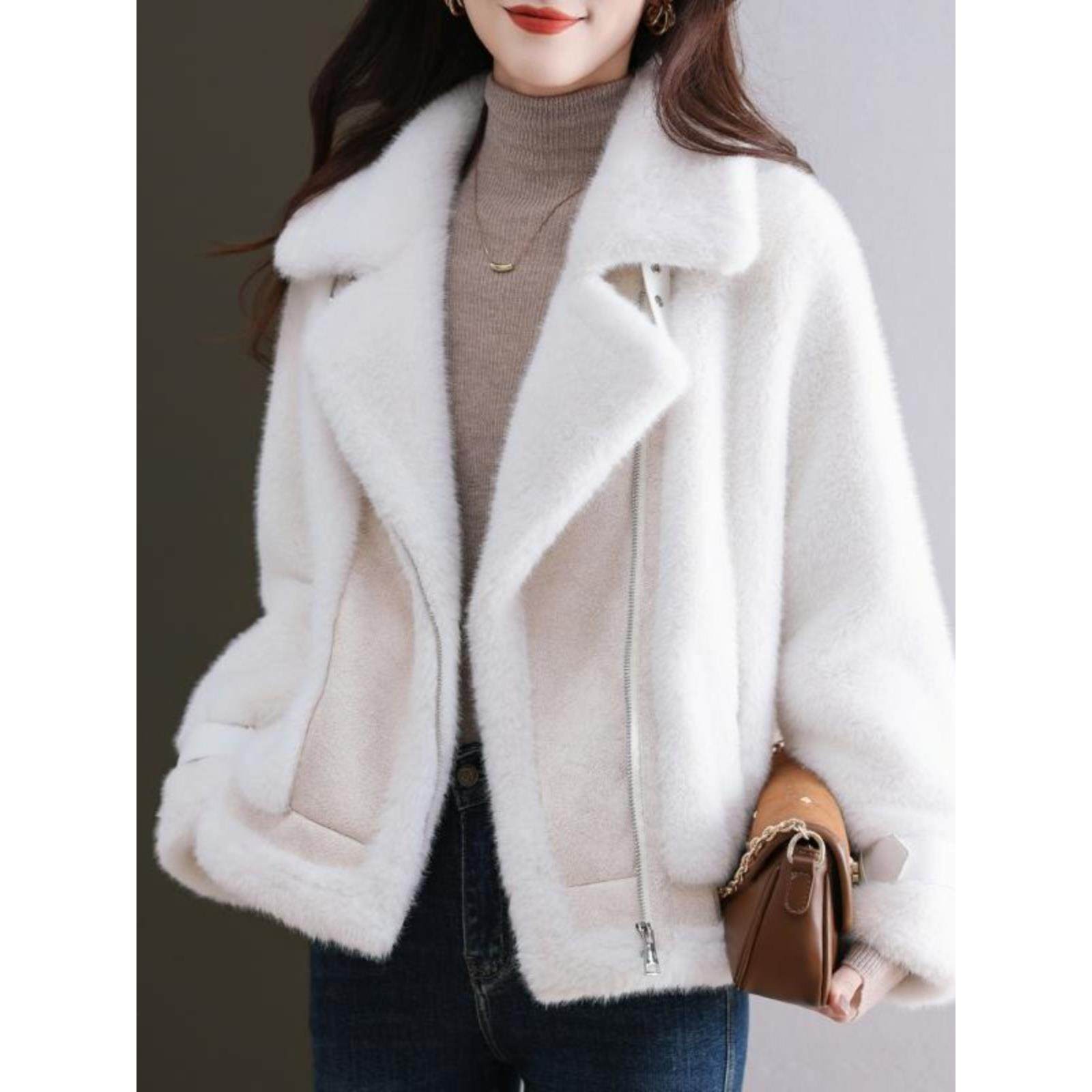 秋冬季加厚皮草外套女休闲百搭机车款翻领宽松皮毛一体水貂绒上衣