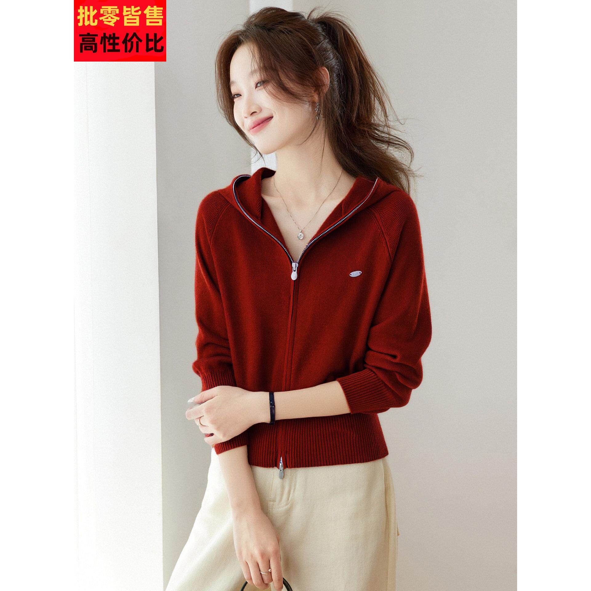 拉炼连帽针织开衫女春秋新款小个子短款外搭配裙子高级感毛衣外套