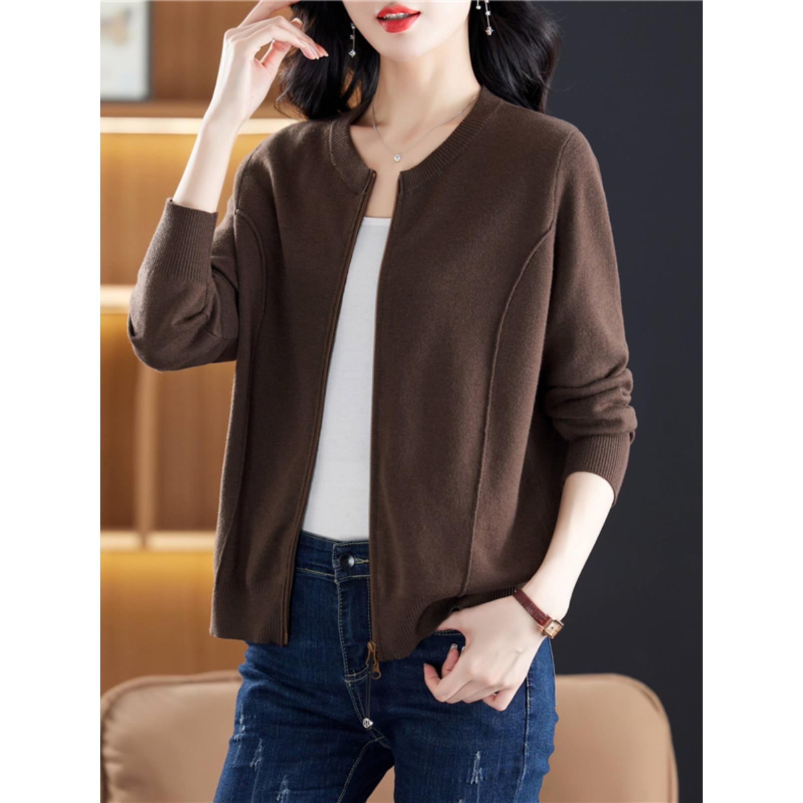 低圆领针织棒球服短款休闲开衫卫衣外套女春秋宽松拉链夹克休闲款