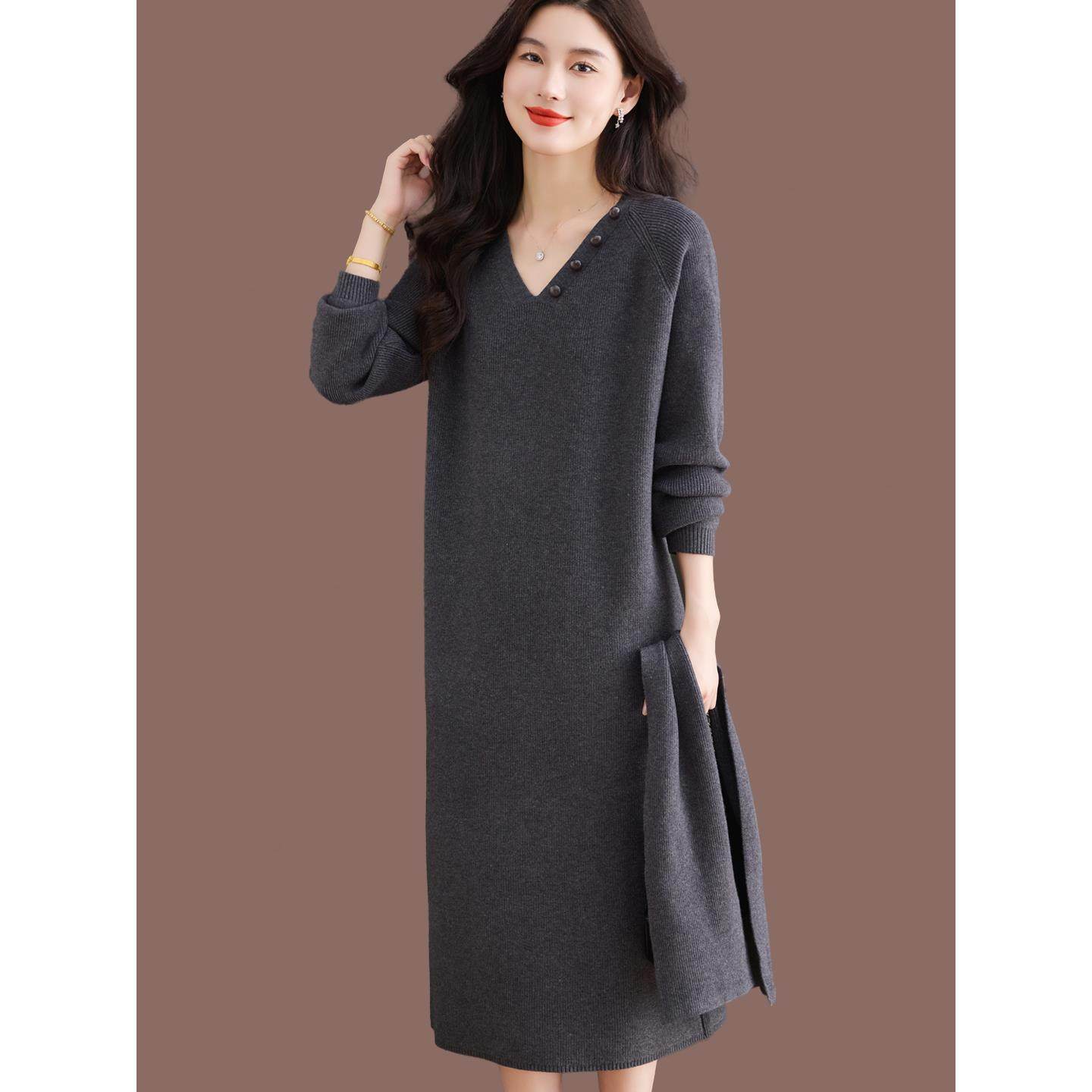 2025新款秋冬v领羊毛针织连衣裙女打底衫内搭长款过膝毛衣裙洋气,女装/女士精品,毛衣,淘宝优惠券,粉丝福利购,淘宝优惠卷