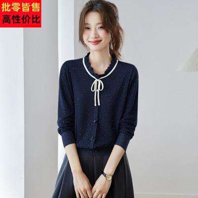 小香风蝴蝶结长袖t恤女秋季木耳圆领亮片针织上衣洋气内搭打底衫