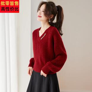 复古红色灯笼袖毛衣女秋冬2025新款高级慵懒风宽松麻花针织衫上衣
