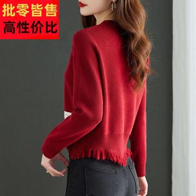 红色毛衣女士短款春秋装2024新款爆款秋冬洋气低领内搭羊毛打底衫