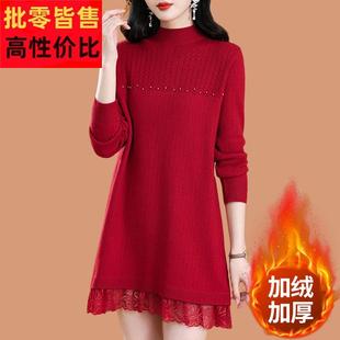 秋冬新款针织连衣裙女一体加绒加厚毛衣中长款内搭蕾丝打底羊毛衫