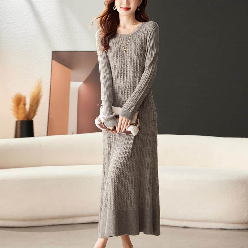圆领针织连衣裙毛衣女秋冬超长款过膝羊毛衫毛衣裙宽松大码打底衫