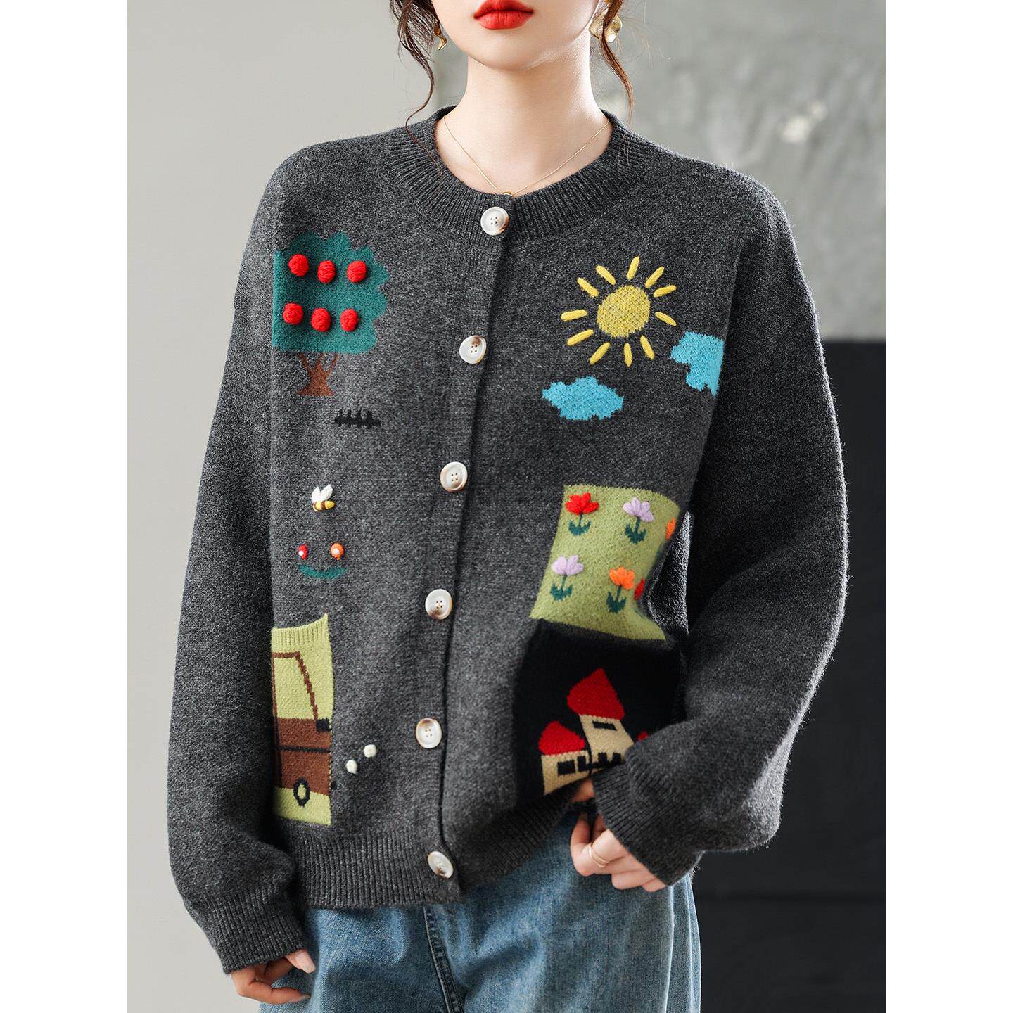 2025春秋圆领针织衫女开衫短款毛衣外套圣诞羊毛衫宽松大码妈妈装