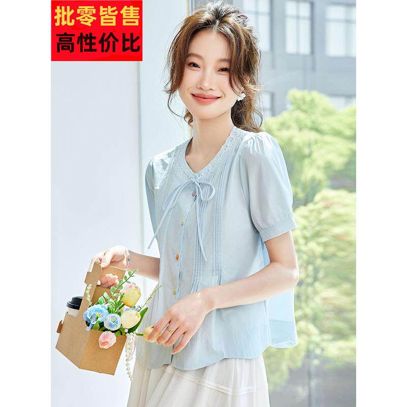 夏季2025新款爆款系带减龄棉短袖衬衫女士设计感小众高端蓝色上衣