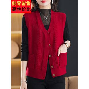 中上女士羊毛衫马夹中老年人马甲打底衫针织背心妈妈无袖毛衣开衫
