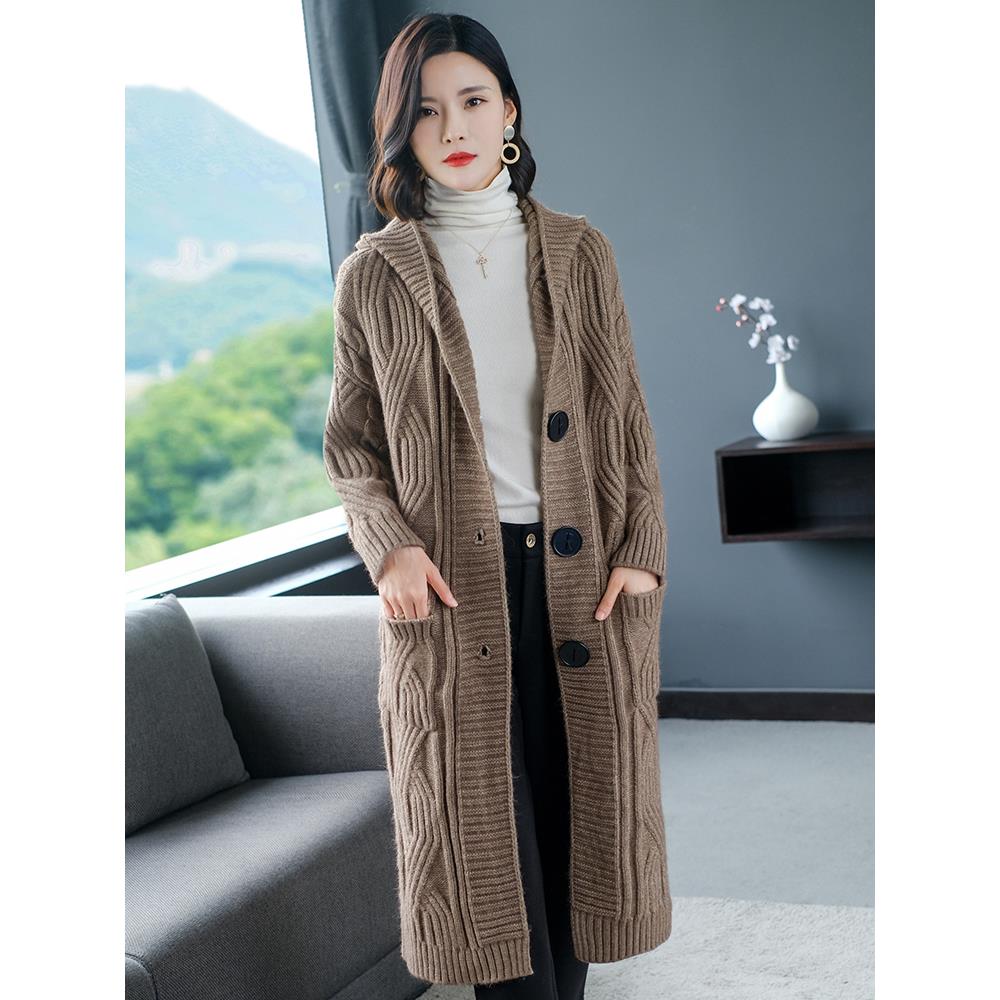 连帽中长款针织毛衣开衫外套女秋冬新款宽松加厚毛衣时尚大衣口袋