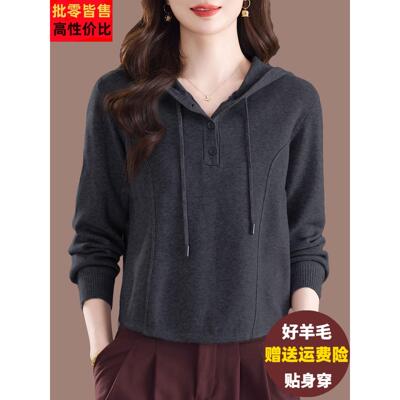 休闲连帽针织衫女秋季外穿羊毛打底衫大码显瘦百搭短款羊毛衫毛衣