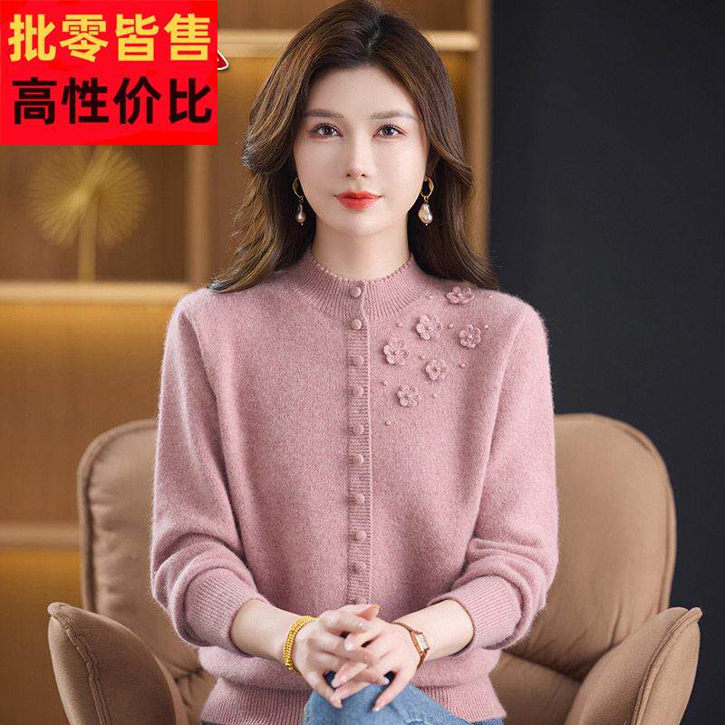 中老年女装立体花朵羊毛衫半高领加厚套头毛衣气质妈妈装保暖打底