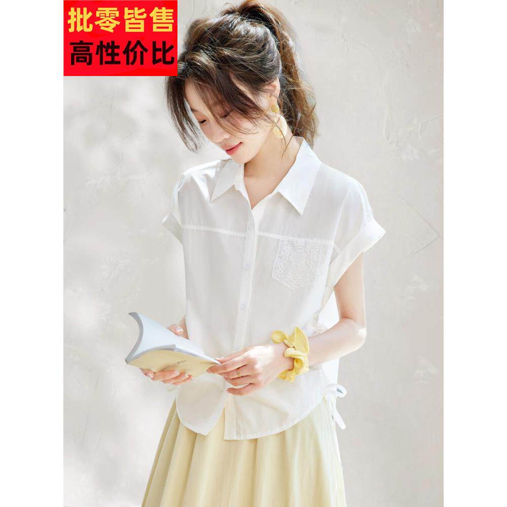 2025夏季新款高端蕾丝翻盖口袋裤全棉职业工作服衬衫轻薄微透视女