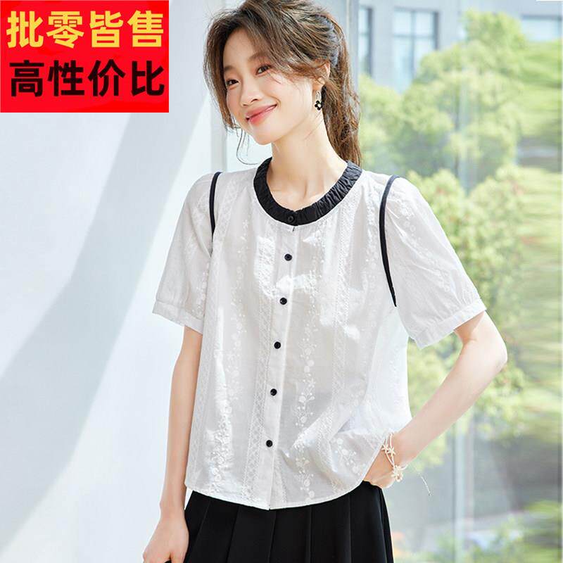 纯棉白衬衫2025夏季新款爆款短袖女款轻奢高级感圆领气质女士上衣