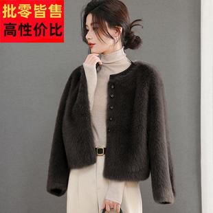 圆领仿水貂绒单排扣针织衫女开衫短款毛衣外套加厚宽松高腰小个子