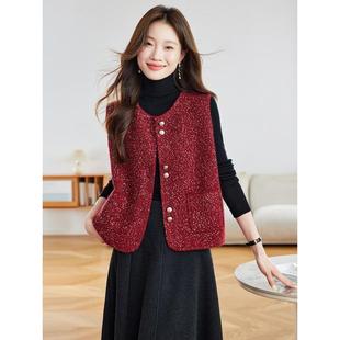 圆领羊毛衫无袖马甲背心外套女开衫短款针织衫宽松中老年妈妈装秋