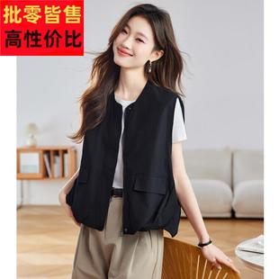 黑色工装马甲女款2025新款春秋季简约时尚短款小个子夹克背心上衣