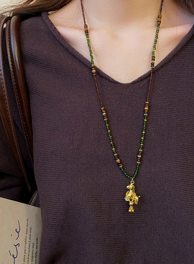 玻璃串珠小马褶皱虎眼石项链小众设计感毛衣链轻奢高级感项饰批发