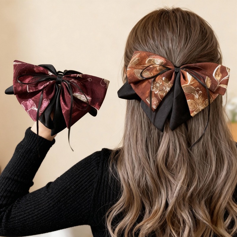 2025新款高级感古风印花蝴蝶结马尾抓夹女后脑勺半扎发夹头饰批发