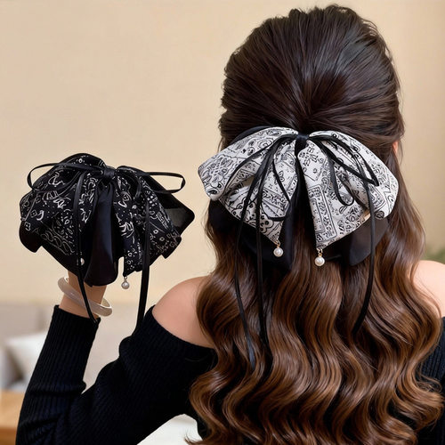 迪倩新款复古缎面印花马尾夹中式国风百搭布艺鲨鱼夹飘带抓夹头饰