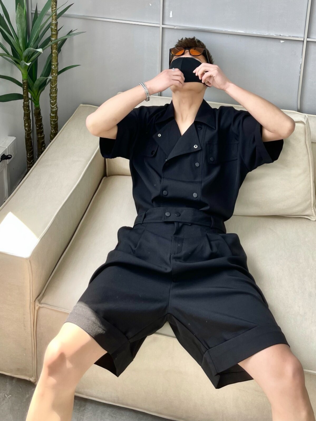 2024 WORKWEAR 스타일 느슨한 캐주얼 정장 남성 여름 유행 브랜드 더블 브레스트 스트레이트 힙합 5 점 바지 남성용 2 피스 세트