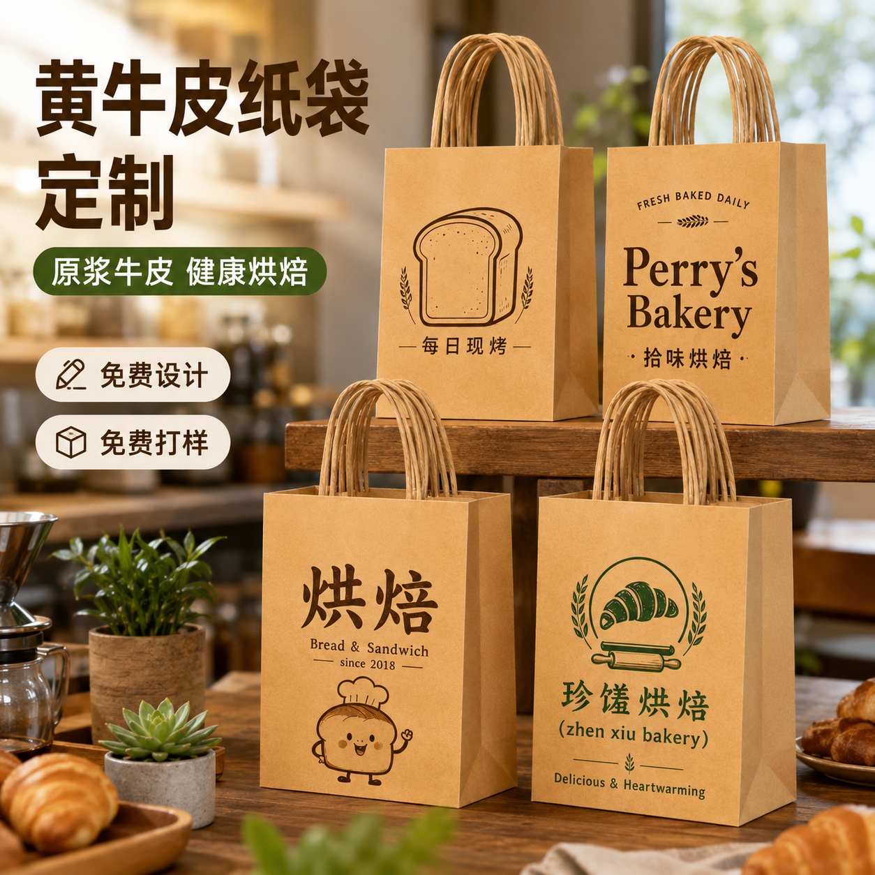 烘焙手提袋纸袋定制礼品手提袋面包甜品蛋糕黄牛皮纸包装袋印logo