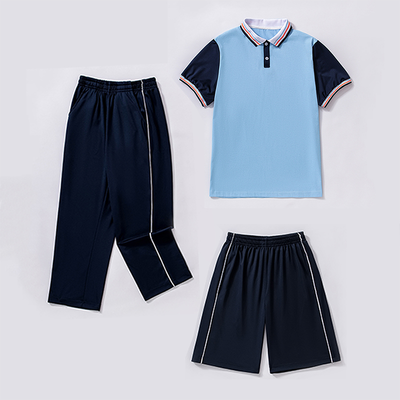 台山中小学生校服短袖T恤夏季运动男女童藏青色校裤深蓝短裤班服