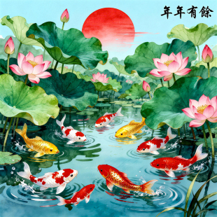 中式 饰画客厅背景墙贴纸九鱼图古典风水画无框自粘贴画 荷花锦鲤装