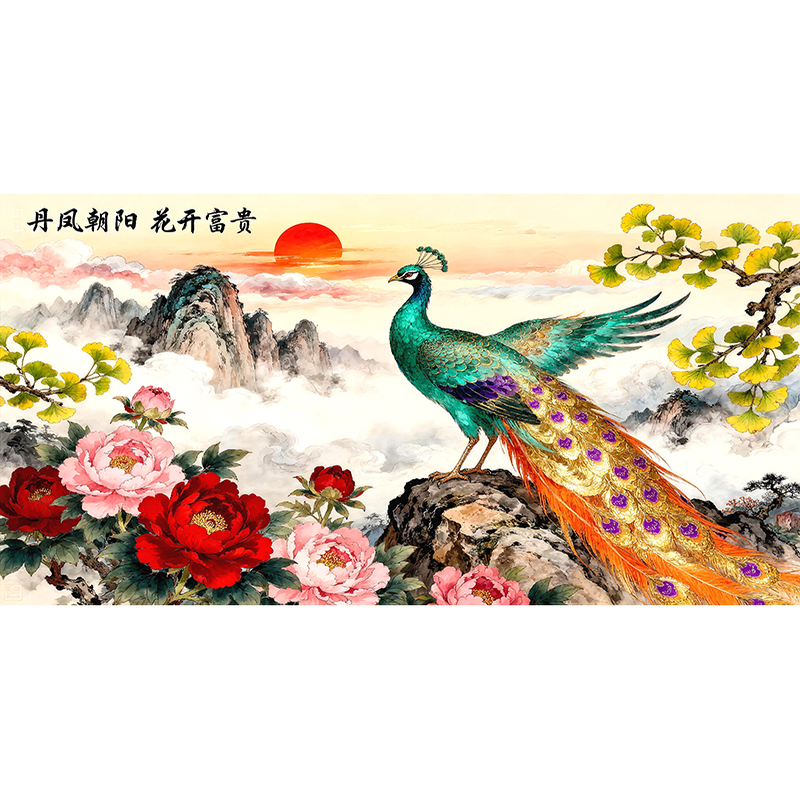 中式丹凤朝阳孔雀牡丹装饰画客厅无框贴纸现代家居背胶画自粘贴画