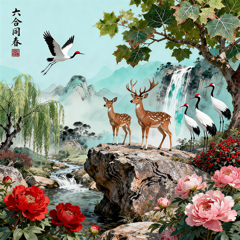 中式花鸟公鸡牡丹装饰画竹报平安客厅无框画芯背胶自粘幅画