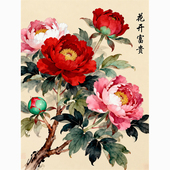 中式 牡丹花装 饰画玄关客厅无框画背胶贴纸花开富贵自粘贴画