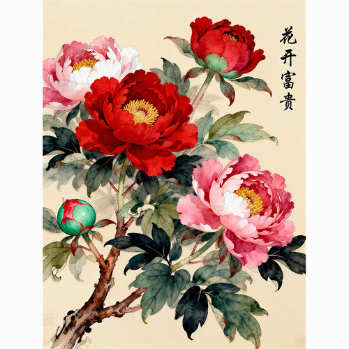 中式牡丹花装饰画玄关客厅无框画背胶贴纸花开富贵自粘贴画