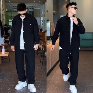 秋季男士加肥加大码胖子时尚套装条纹灯芯绒衬衫外套休闲裤两件套