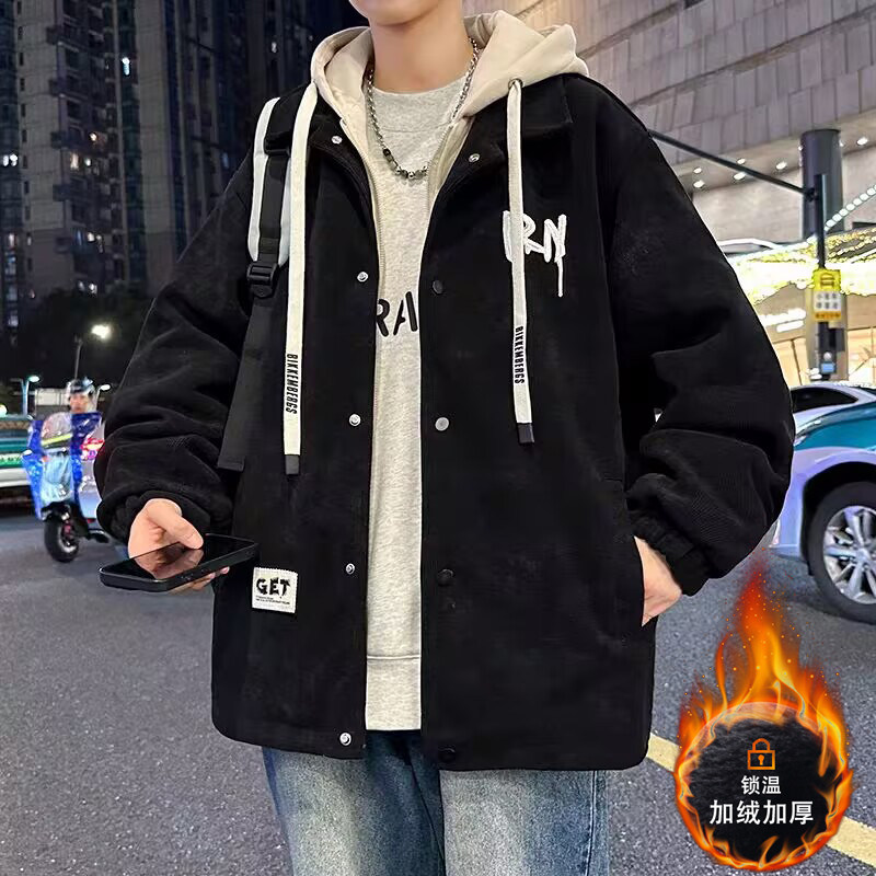 胖子冬季灯芯绒加绒加厚外套男士宽松加肥加大码假两件连帽夹克潮