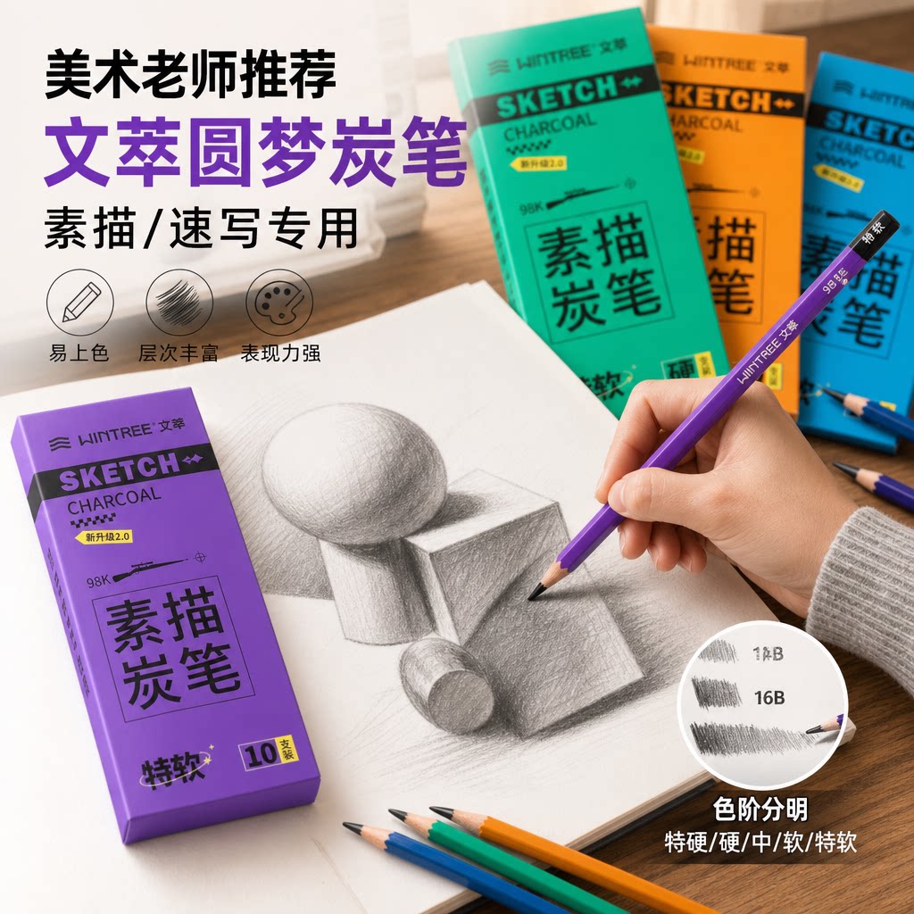 文萃98k炭笔美术生专用圆梦软碳素描工具套装艺考写生速写碳笔全