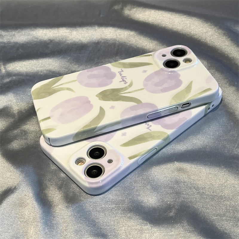 小清新紫色郁金香适用苹果13手机壳iPhone16promax菲林全包硬壳14pro带防尘网14plus高级感12防摔1