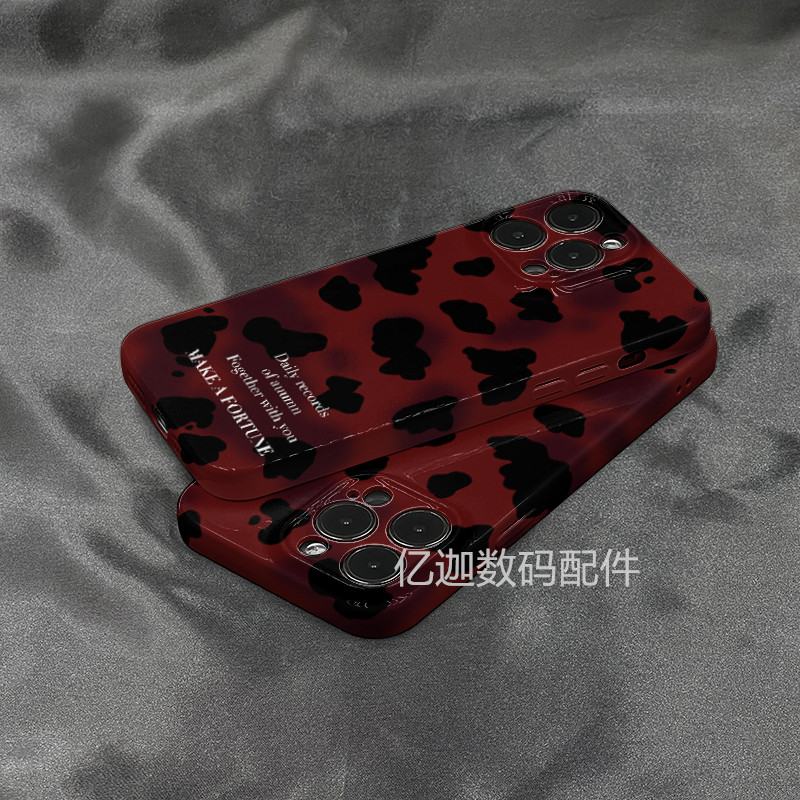 小众酒红色豹纹适用苹果13手机壳iphone15promax简约菲林全包14pro硬壳防摔14plus超薄12带防尘网11新款软壳X