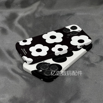 小众黑白花朵适用苹果13手机壳冷淡风iPhone16promax极简菲林新款14plus全包超薄硬壳14pro高级感12/11软壳XS