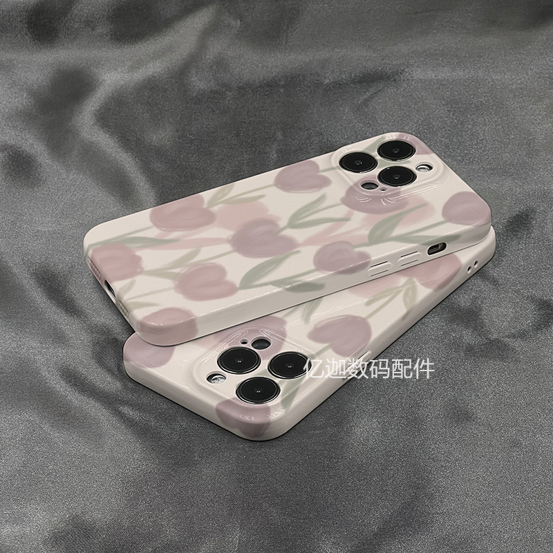 赵露思同款菲林紫色郁金香适用苹果15promax手机壳iphone13新款14pro硅胶软壳12女14pro创意11全包防摔手机套