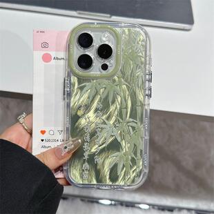 中国风翠玉竹林壳适用于iPhone16/15/14/13/12渐变羽纱纹小米14/15高级感红米K60/70原创蝴蝶vivoS19保护壳