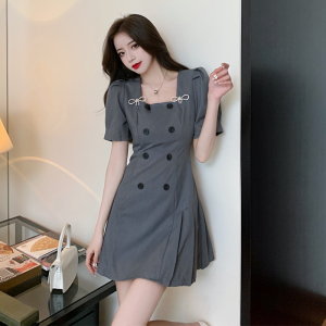 RM8865#港味网红炸街法式桔梗设计感双排扣修身显瘦气质连衣裙
