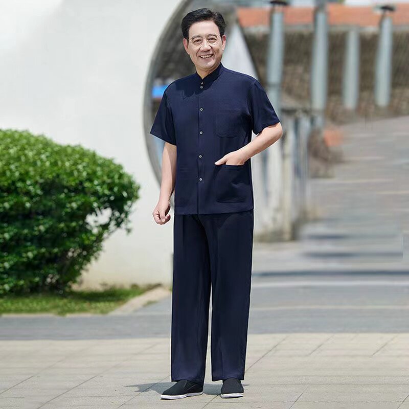 爸爸装夏装套装唐装男中老年男士薄款棉麻爷爷短袖衬衫老年人衣服