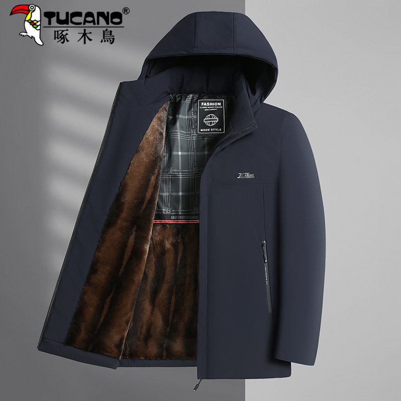 啄木鸟棉衣外套男2025冬季加绒加厚派克服中老年爸爸连帽棉服