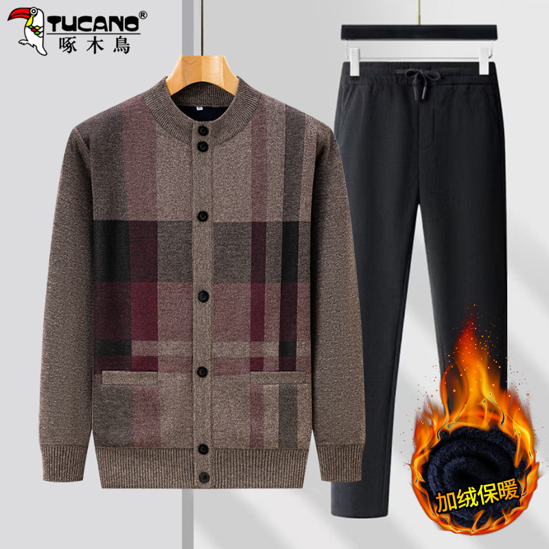 啄木鸟两件套装中年爸爸冬装毛衣男加绒加厚中老年男士保暖休闲裤