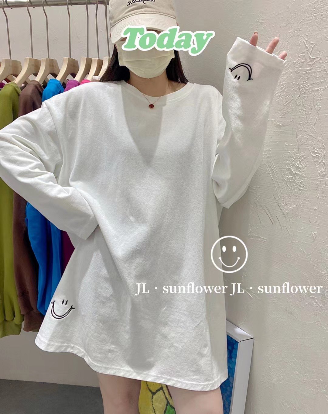 JLsunflower白色长袖T恤女秋季宽松中长款纯棉打底衫叠穿内搭上衣