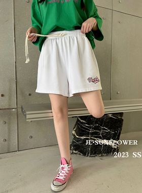 JL SUNFLOWER白色休闲运动短裤女夏季高腰显瘦刺绣裤子宽松阔腿裤