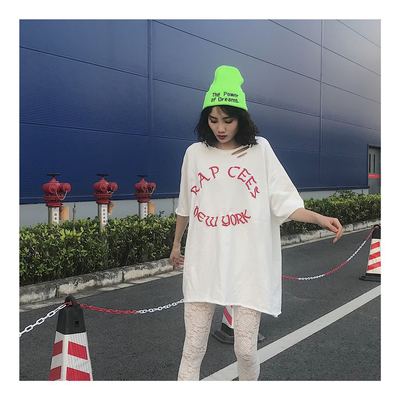 JLsunflower春破洞刺绣字母中长款大码宽松显瘦bf风纯棉短袖T桖女