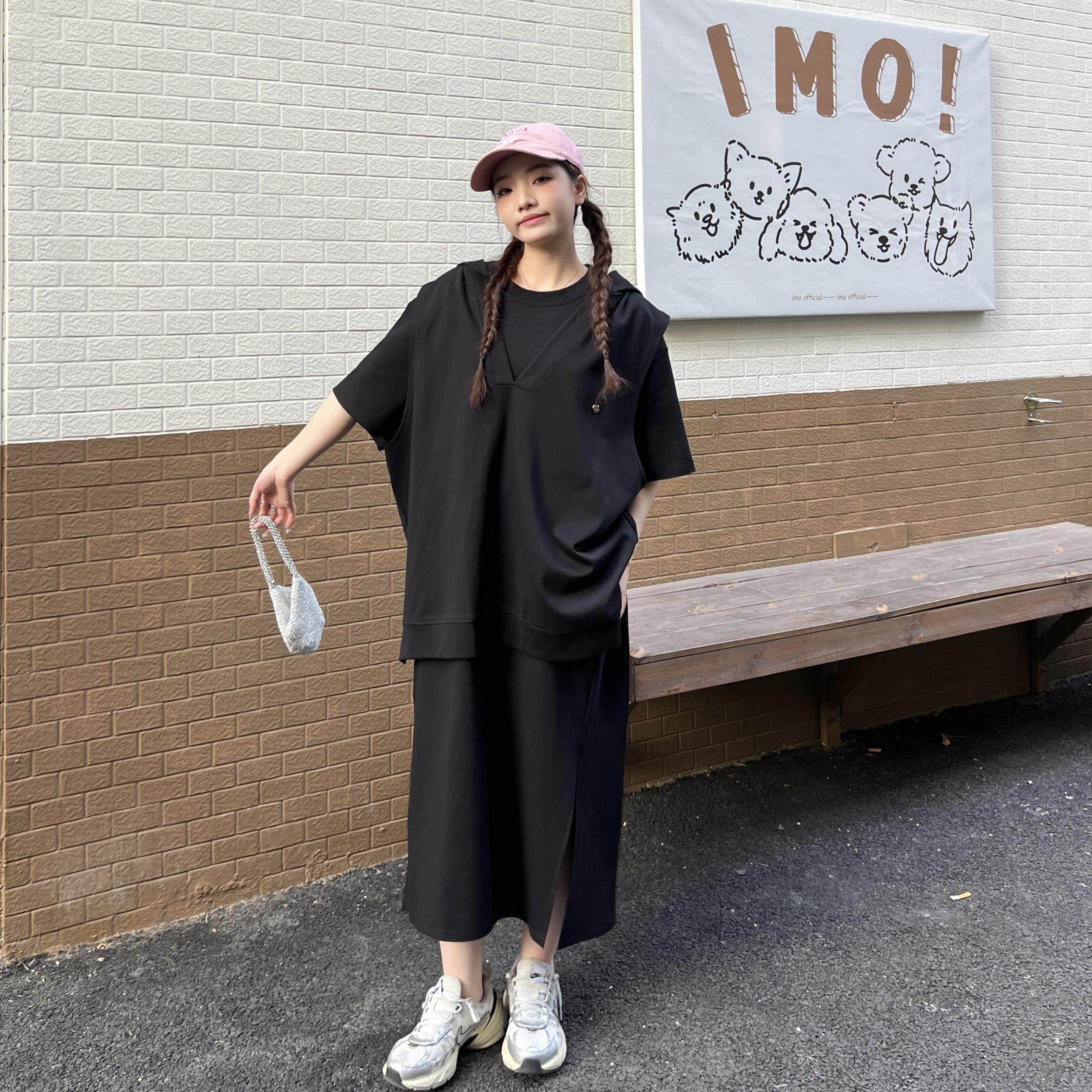 JLsunflower太阳花纯棉连帽衫两件套短袖女装春秋季宽松休闲长裙