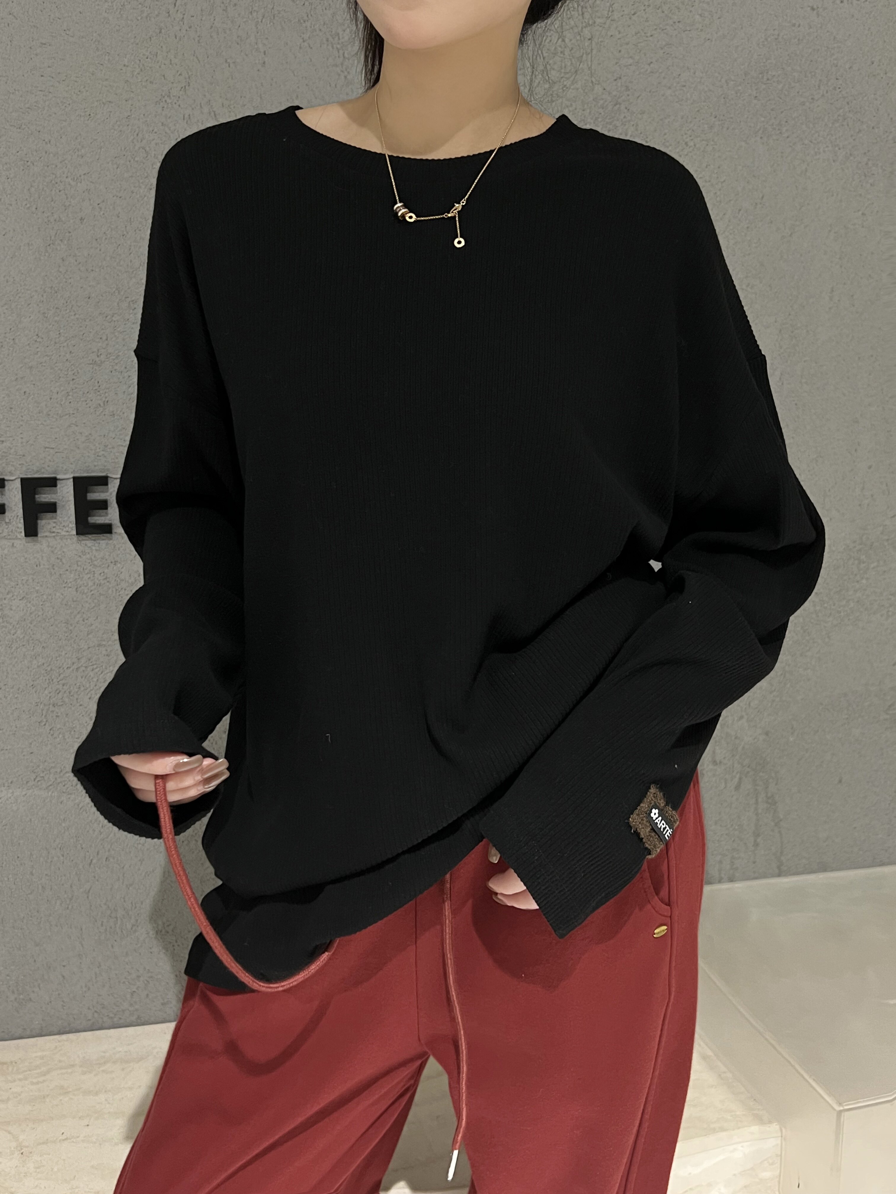 JLSUNFLOWER中长款长袖T恤女装春秋宽松百搭纯色内搭打底小衫上衣